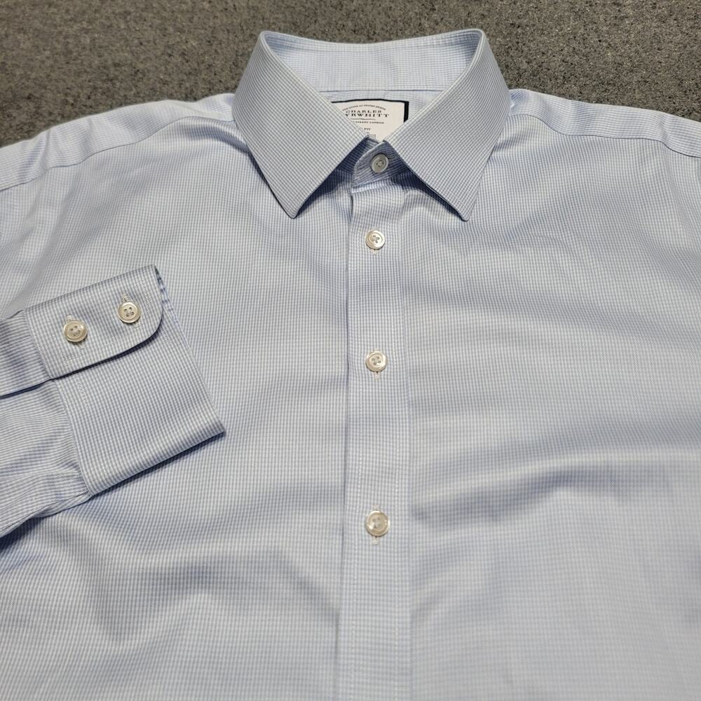 Charles Tyrwhitt Shirt Mens 17.5 35 Slim Fit Blue White Gingham Non Iron Oxford